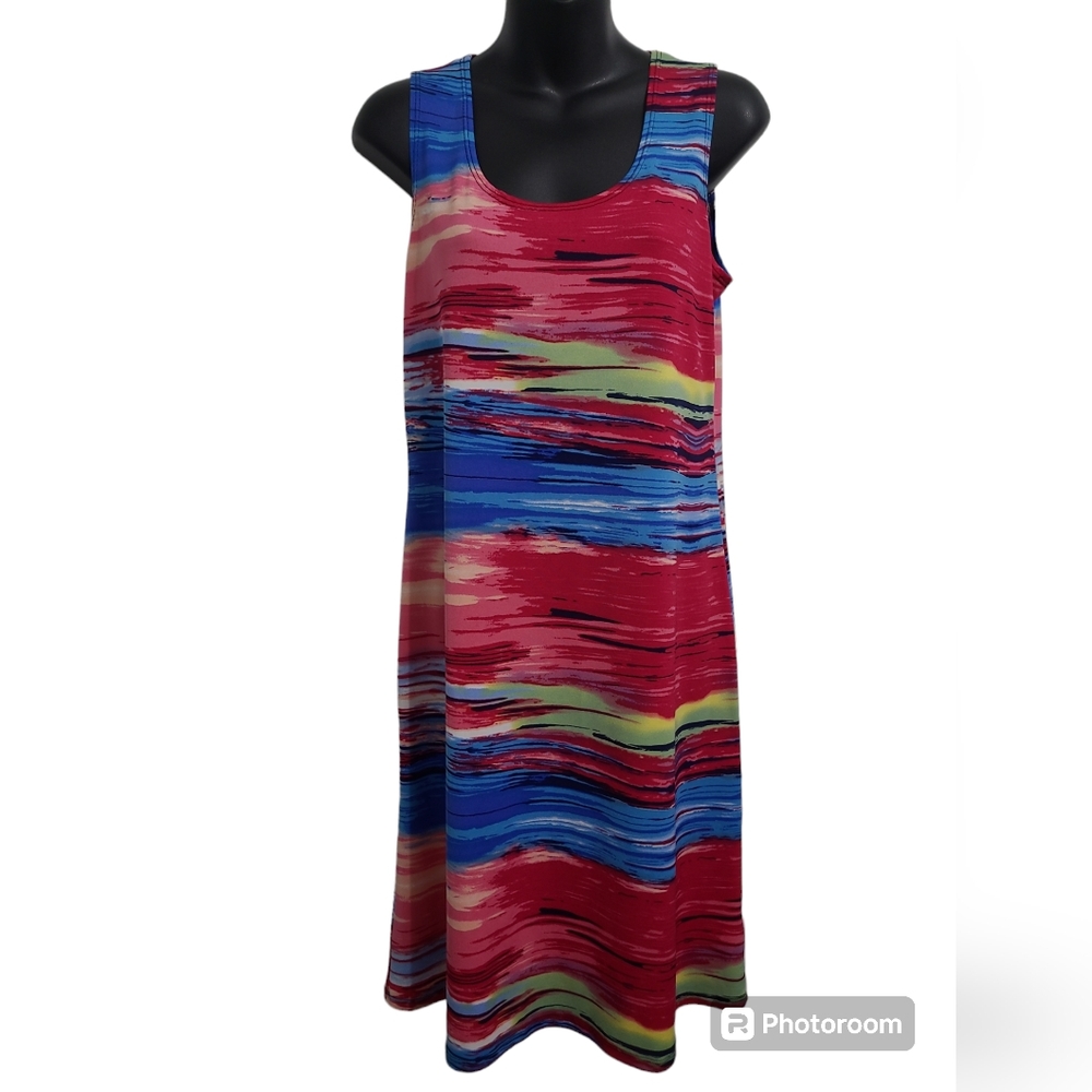 $2>>>Sears Multicolor Wave-Print Sleeveless Midi Dress - Red, Blue, Green